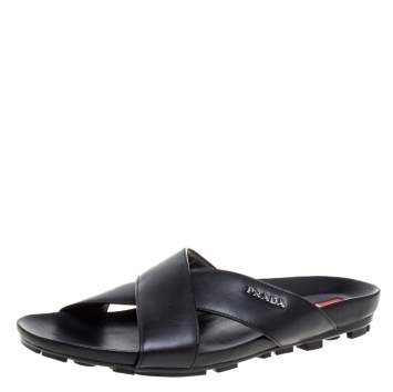 Pre Owned Prada Sport Black Leather Cross Strap Flat Sandals Size 42