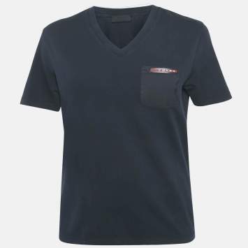 Pre Owned Prada Sports Midnight Blue/Black Cotton Rubber Logo Nylon Pocket V-Neck T-Shirt S