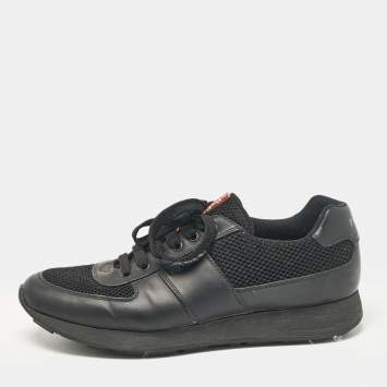 Pre Owned Prada Sport Black Leather and Mesh Lace Up Sneakers Size 42.5