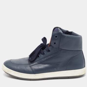 Pre Owned Prada Sport Blue Leather High Top Sneakers Size 41.5