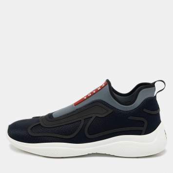 Pre Owned Prada Sport Navy Blue Mesh and Neoprene Slip On Sneakers Size 41.5