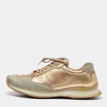 Pre Owned Prada Sport Beige/Gold Leather and Suede America's Cup Low Top Sneakers Size 39.5