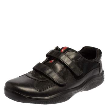 Pre Owned Prada Sport Black Leather And Mesh Double Strap Low Top Sneakers Size 45