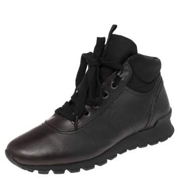 Pre Owned Prada Sport Dark Brown Leather High Top Sneakers Size 42.5