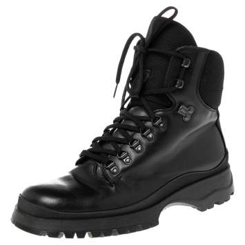 Pre Owned Prada Sport Black Leather Combat Boots Size 43.5