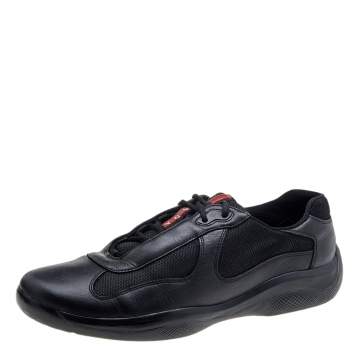 Pre Owned Prada Sport Black Leather And Knit Fabric Low Top Sneakers Size 44.5