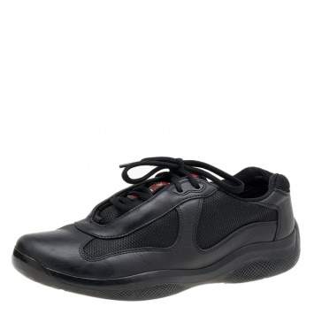 Pre Owned Prada Sport Black Leather And Knit Fabric Low Top Sneakers Size 41.5