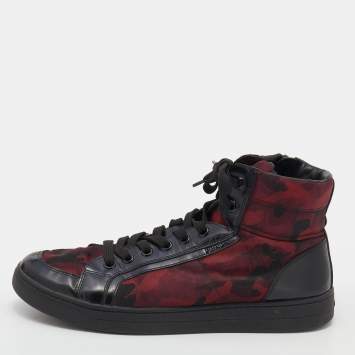 مملوكة مسبقًا Prada Sport Black/Red Leather And Camo Print Nylon High Top Sneakers Size 42.5