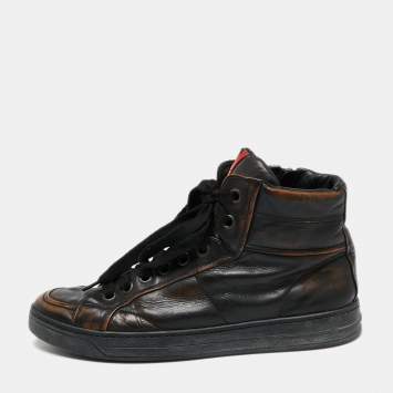 Pre Owned Prada Sport Black/Brown Leather High-Top Sneakers Size 39.5
