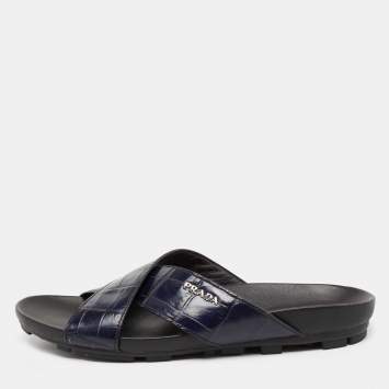 Pre Owned Prada Sport Navy Blue Croc Embossed Leather Flat Slide Sandals Size 39.5