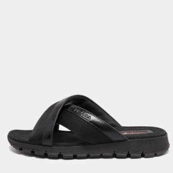 Pre Owned Prada Sport Black Leather and Canvas Crisscross Slides Size 41.5 