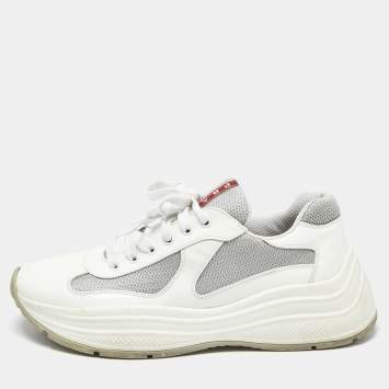 Pre Owned Prada Sport White/Grey Patent Leather and Mesh Low Top Sneakers Size 41.5