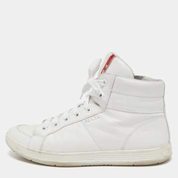 Pre Owned Prada Sport White Leather Lace Up High Top Sneakers Size 43