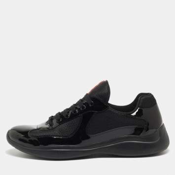 Pre Owned Prada Black Mesh And Patent Leather Carrie Lace Up Sneakers Size 47