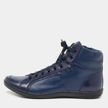 Pre Owned Prada Navy Blue Leather Trainers High Top Sneakers Size 44
