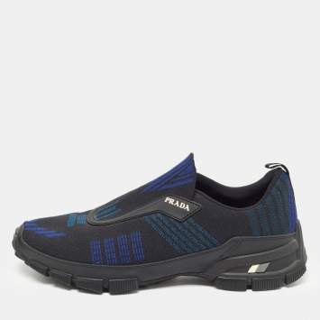 Pre Owned Prada Black/Blue Knit Fabric Low Top Sneakers Size 42.5 