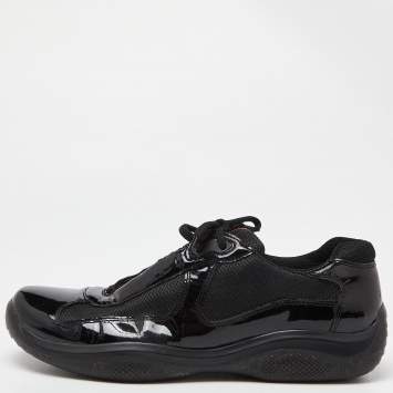Pre Owned Prada Sport Black Mesh and Patent Leather Lace Up Low Top Sneakers Size 42