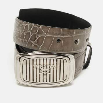 Pre Owned Prada Grey Crocodile Logo Plague Oval Belt  
