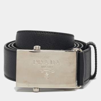 Pre Owned Prada Black Leather Logo Plague Buckle Belt 95CM