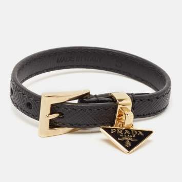 Pre Owned Prada Symbole Leather Gold Tone Bracelet S