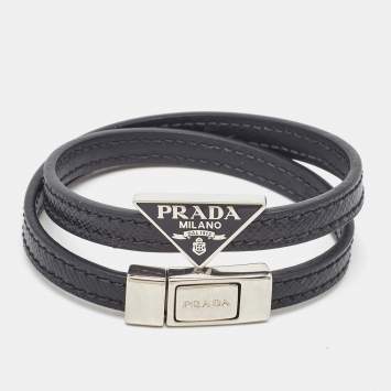 Pre Owned Prada Black Saffiano Leather Double Wrap Logo Bracelet