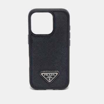 Pre Owned Prada iPhone 14Pro Cover Black Saffiano Leather