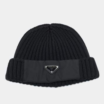 Pre Owned Prada Re-Nylon Black Gabardine and Wool Logo Detail Beanie L