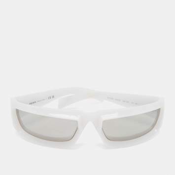 Pre Owned Prada Off White/Grey Mirrored  SPR 29Y Runway Rectangle Sunglasses 