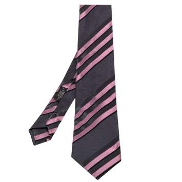 Pre Owned Prada Grey & Pink Diagonal Striped Silk Tie 