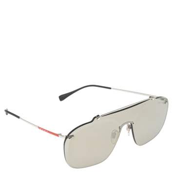 Pre Owned Prada Linea Rossa Silver/Black SPS51T Constellation Sport Shield Sunglasses 