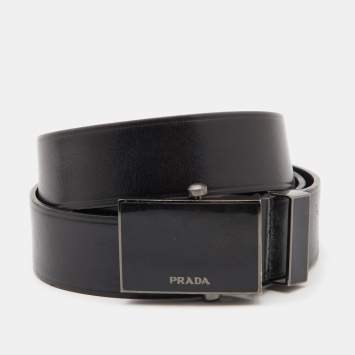 Pre Owned Prada Black Leather Logo Plague Buckle Belt 80CM