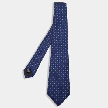 Pre Owned Prada Navy Blue Patterned Silk Narrow Tie