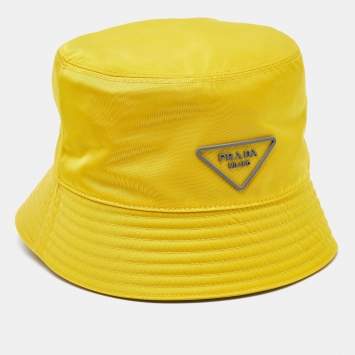 Pre Owned Prada Yellow Nylon Logo Plaque Detail Bucket Hat XL