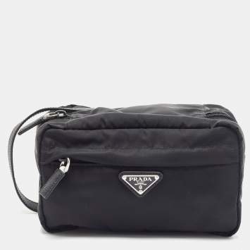 Pre Owned Prada Black Saffiano Leather and Nylon Logo Travel Pouch