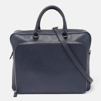 Pre Owned Prada Navy Blue Saffiano Leather Two Way Travel Briefcase
