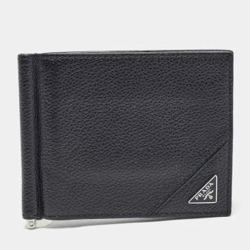 Pre Owned Prada Black Leather Money Clip Bifold Wallet