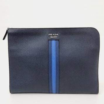 Pre Owned Prada Blue Leather Saffiano Treble Clutch 