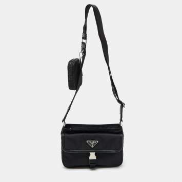 Pre Owned Prada Black Re-Nylon and Saffiano Leather Messenger Bag