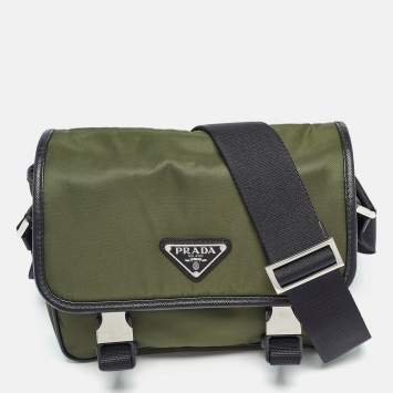 Prada Green/Black Nylon and Leather Buckle Flap Messenger Bag