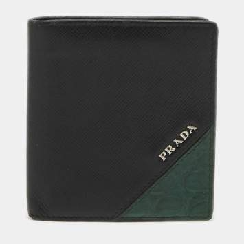 Prada Black/Green Leather and Croc Logo Bifold Wallet