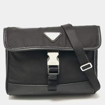 Pre Owned Prada Black Re-Nylon and Leather Flap Crossbody Bag