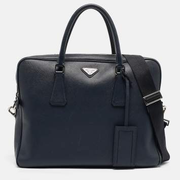 Pre Owned Prada Navy Blue Saffiano Leather Briefcase