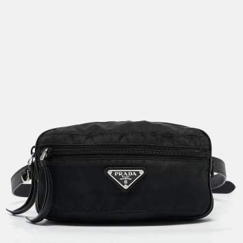 Pre Owned Prada Black Leather and Nylon Front Pocket Belt Bag
