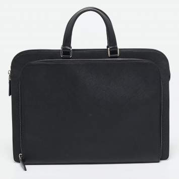 Pre Owned Prada Black Saffiano Lux Leather Double Zip Briefcase