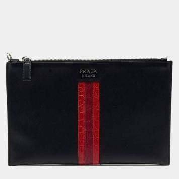 Prada Black Red Leather Saffiano Clutch Bag
