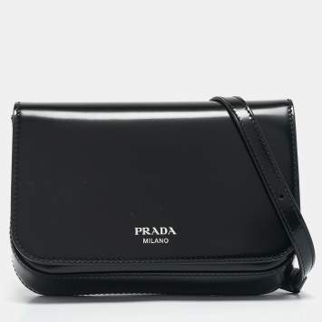 Pre Owned Prada Black Brushed Leather Flap Crossbody Bag