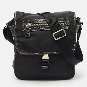 Prada Black Leather and Nylon Pocket Flap Messenger Bag
