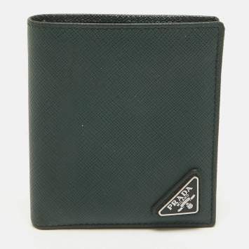 Prada Dark Green Saffiano Metal Leather Logo Bifold Wallet