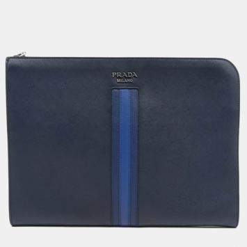 Prada Navy Blue Leather Saffiano Travel Clutch