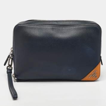 Prada Navy Blue Saffiano Leather Wristlet Pouch Clutch
